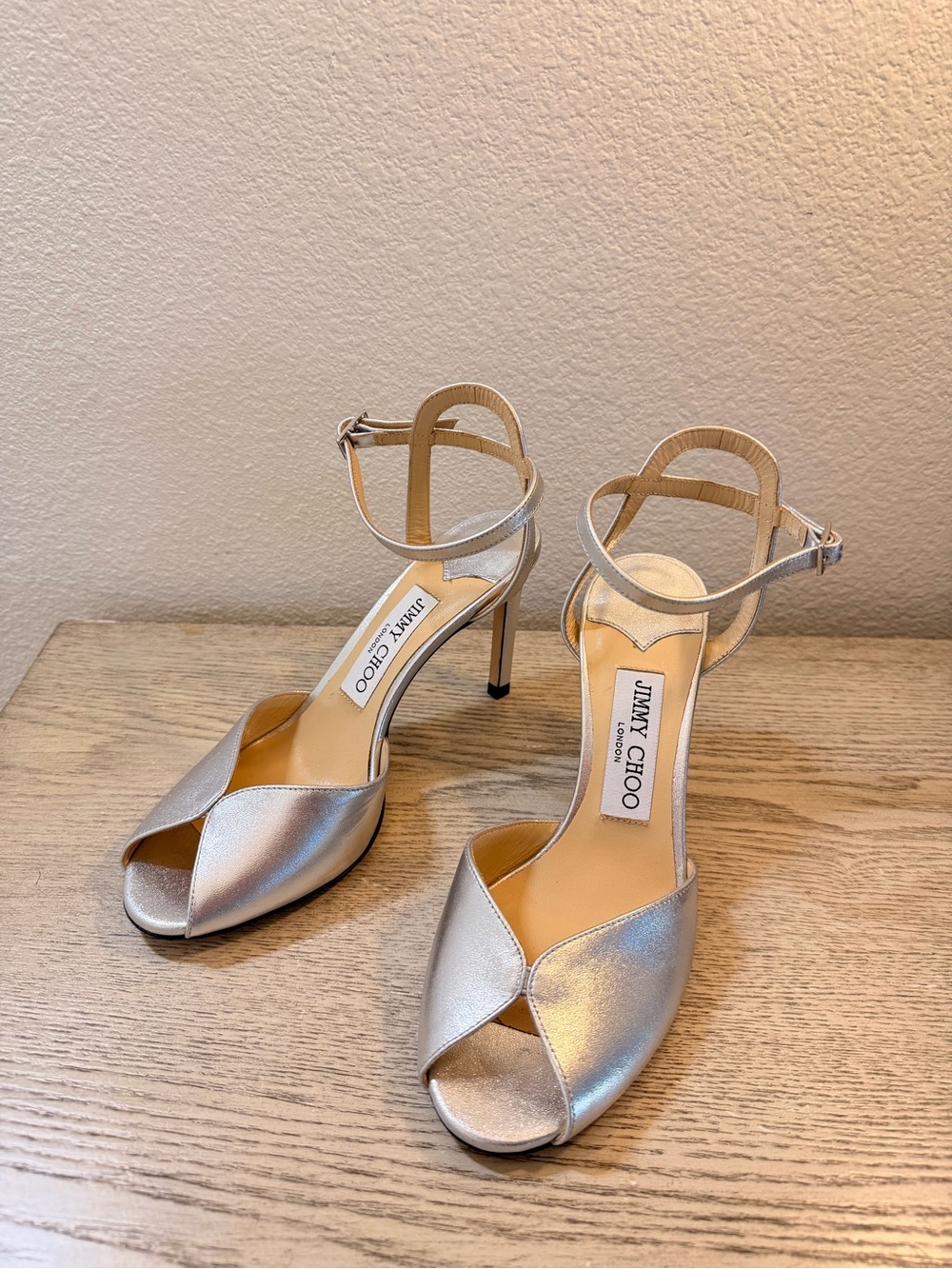 Jimmy Choo Sacora 85mm Silver Metallic Peep-Toe Ankle-Strap Stilettos